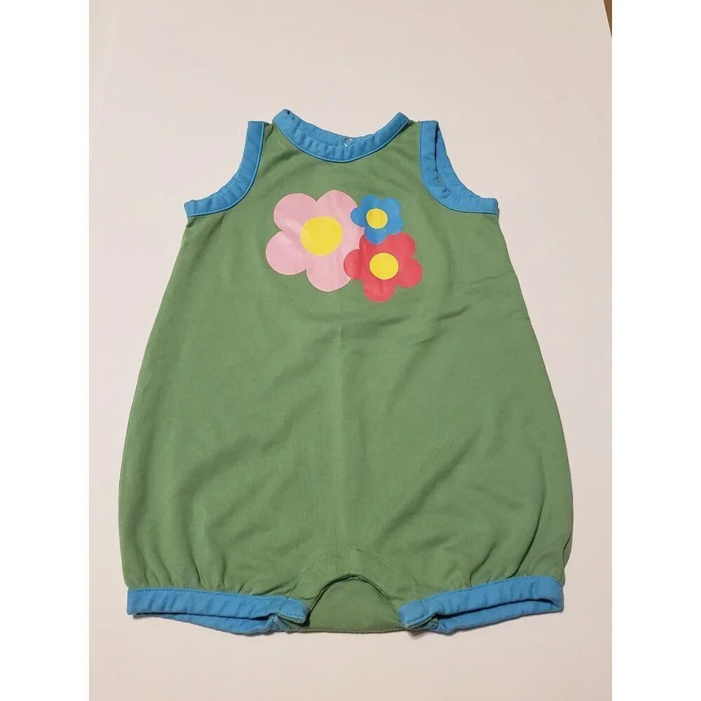 Hanna Andersson romper sz 80 18-24 green flower applique one piece summer beach